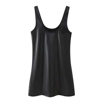 Kvinna Mini Klänning U-Hals Syntetisk Läder-2