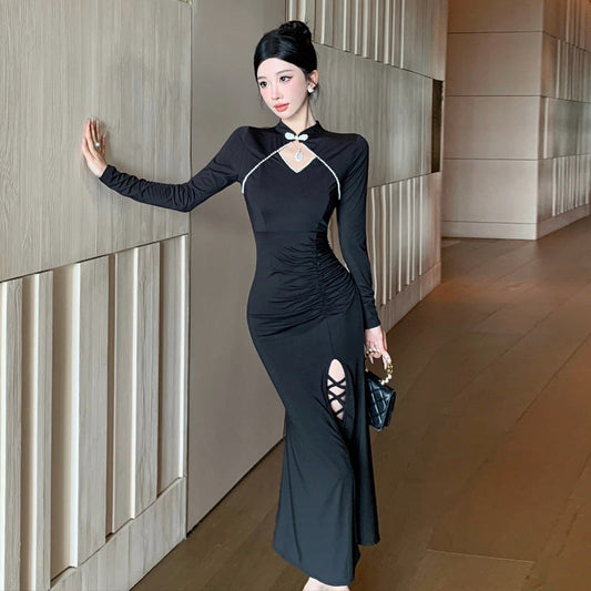 Eleganta Damklänning Qipao med Lång Kjol och Halvöppen Krage – Högkvalitativt Tyg för Formella Tillfällen 1