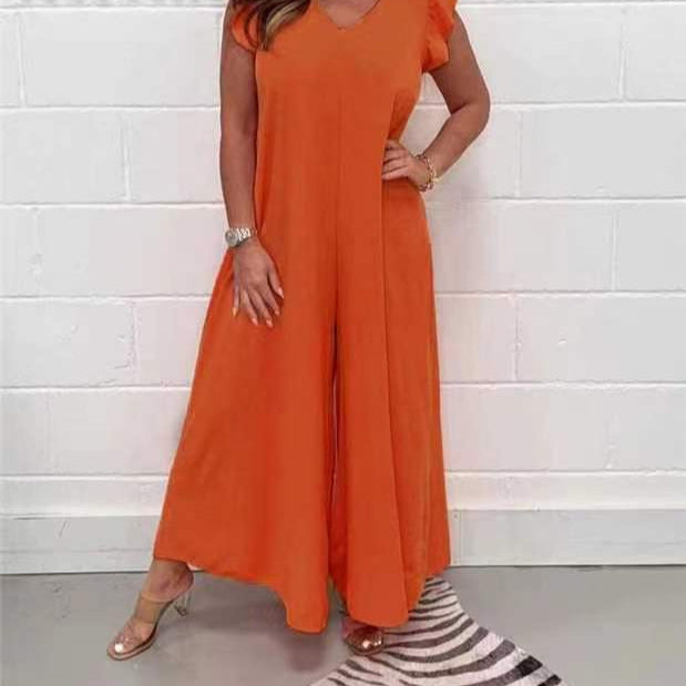 Dam Jumpsuit med Flutterärmar och Bred Ben Hög Elasticitet-5