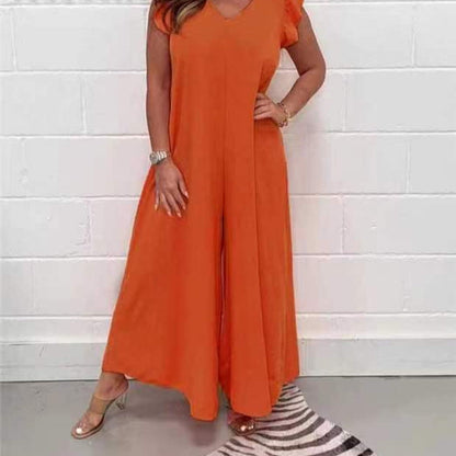 Dam Jumpsuit med Flutterärmar och Bred Ben Hög Elasticitet-5