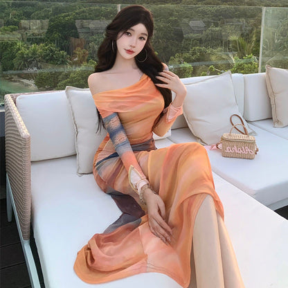 Damklänning Blommig Draperad Smal Snitt Polyester Lång Kjol-5