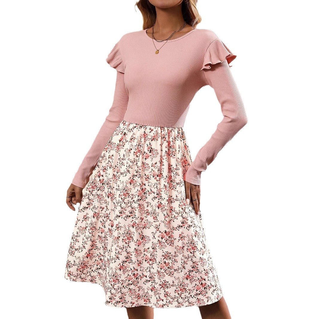 Kvinna A-Linje Klänning Blommig Polyester Långa Ärmar-6