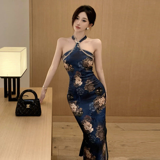 Kvinna Halterneck Klänning Lång Polyester Elastan med Slits-1