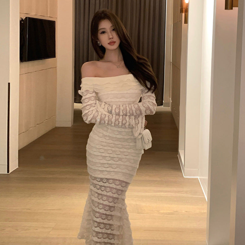 Kvinna Lång Klänning Ruffle Axelbandslös Polyester-1