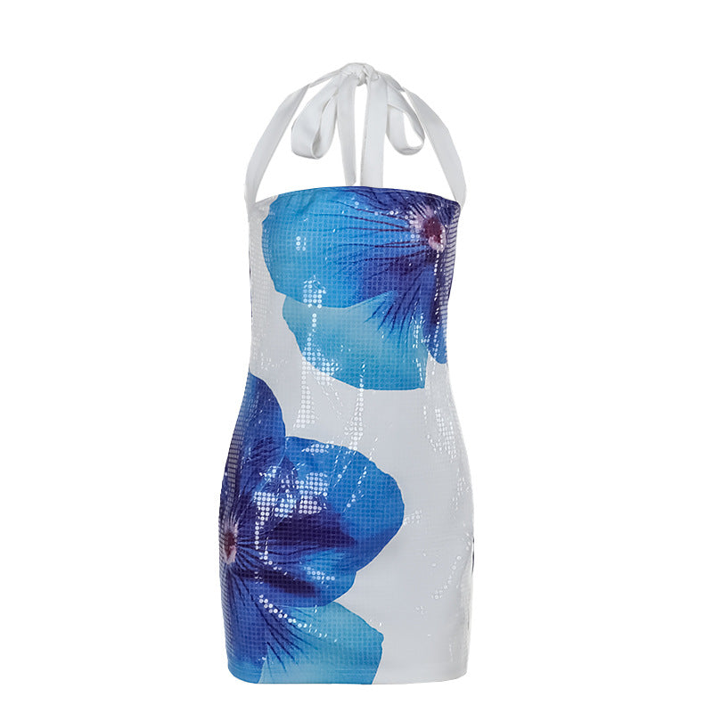 Blommig Miniklänning med Halshållare – Elastiskt Tyg, Figur-Huggande Design, Perfekt för Sommarfester 6