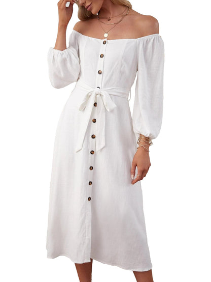 Maxiklänning Dam Off-Shoulder med Knappdetaljer och Slits i Mjukt Tyg för Sommar-5