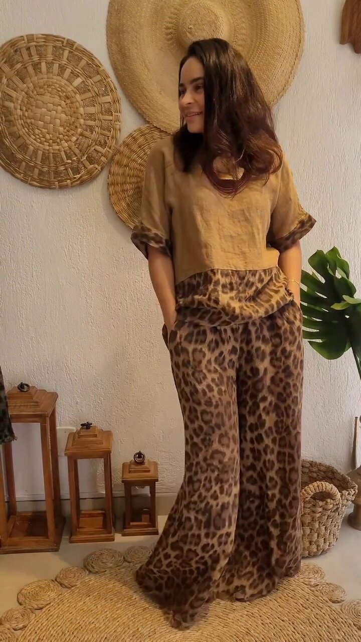 Dam Kortärmad Topp och Breda Byxor Färgblockerad Polyester för Sommarkläder-1