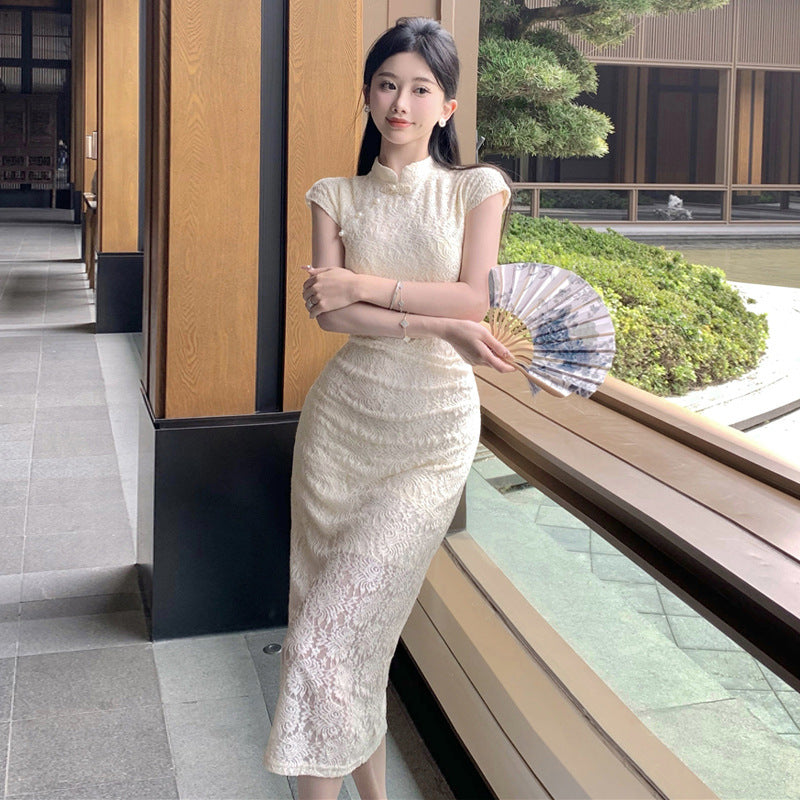 Dam Qipao Klänning Midi Längd Högkvalitativt Tyg för Bröllop och Formella Evenemang-2