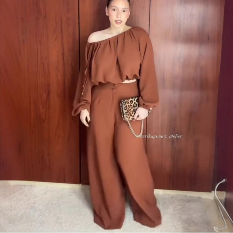 Variant image for Kvinnors Off-Shoulder Top med Lykta Ärmar och Vida Byxor Polyester Spandex-1