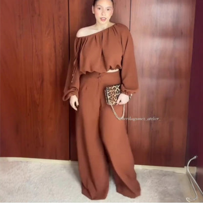 Variant image for Kvinnors Off-Shoulder Top med Lykta Ärmar och Vida Byxor Polyester Spandex-1