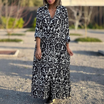 Dam Långklänning Bohemisk Stil 100% Polyester med Reverskrage och Knappar-3