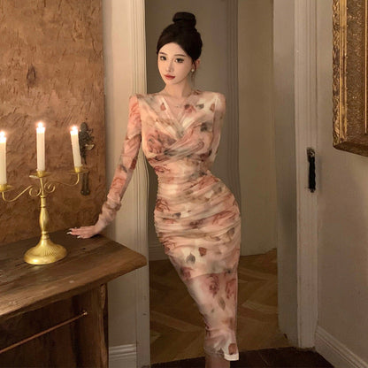 Damklänning Midi V-ringad med Tryck 100% Polyester Långa Ärmar Elegant Stil-3