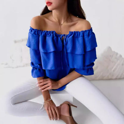 Dam Skjorta Ruffle Kortärmad Polyester Spandex-5