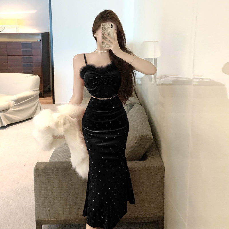 Kvinnors Lång Klänning Off-Shoulder Sammet-4