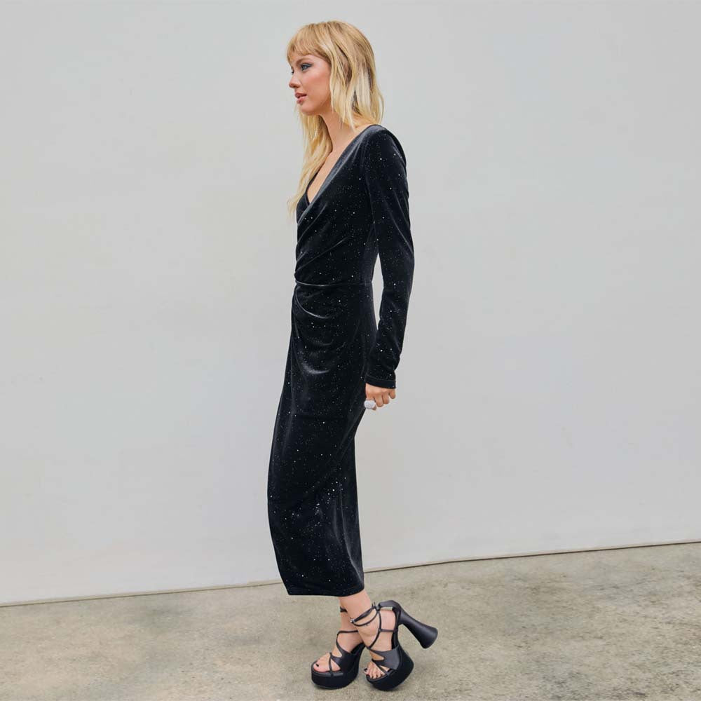 Kvinna Midi Klänning A-Linje V-Hals Långa Ärmar Högkvalitativt Tyg-5