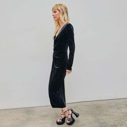 Kvinna Midi Klänning A-Linje V-Hals Långa Ärmar Högkvalitativt Tyg-5