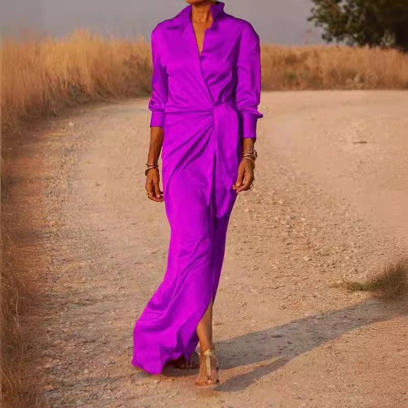 Kvinna Asymmetrisk Klänning V-Neck Polyester Högmidjad Långärmad-4