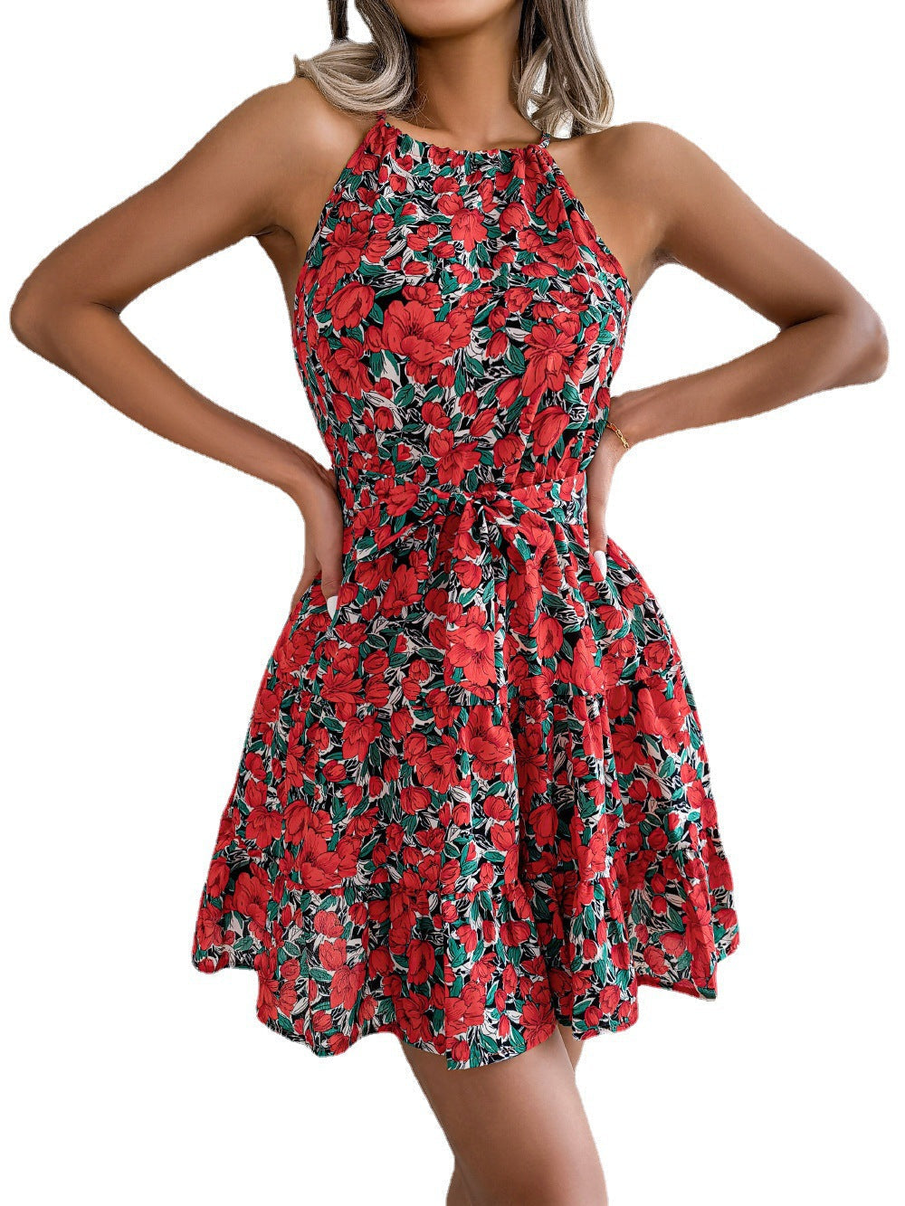 Fina Dam Klänningar Blommig A-Linjeformad Ärmlös Polyester Kort-3