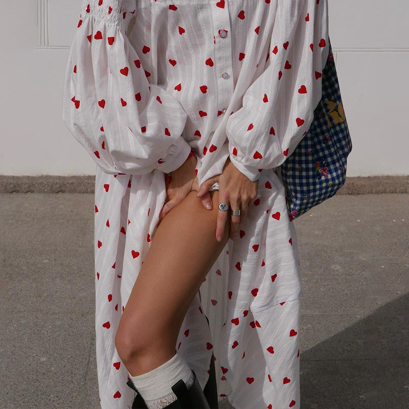 Dam Maxiklänning A-linjeformad Mjuk Bomull med Långa Ärmar och Tryckt Design-4