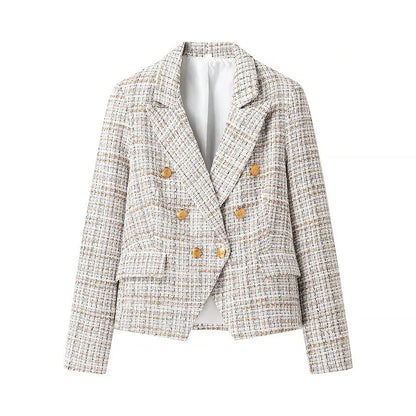 Kvinnors Blazer Set Kontrollmönster Gyllene Knappar Högkvalitativt Tyg 2