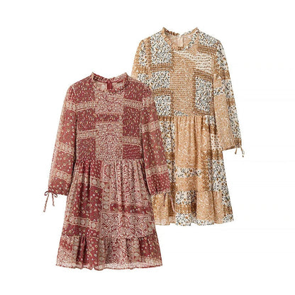 Dam Maxiklänning Blommig Patchwork Lätt Material med Voluminösa Ärmar 2