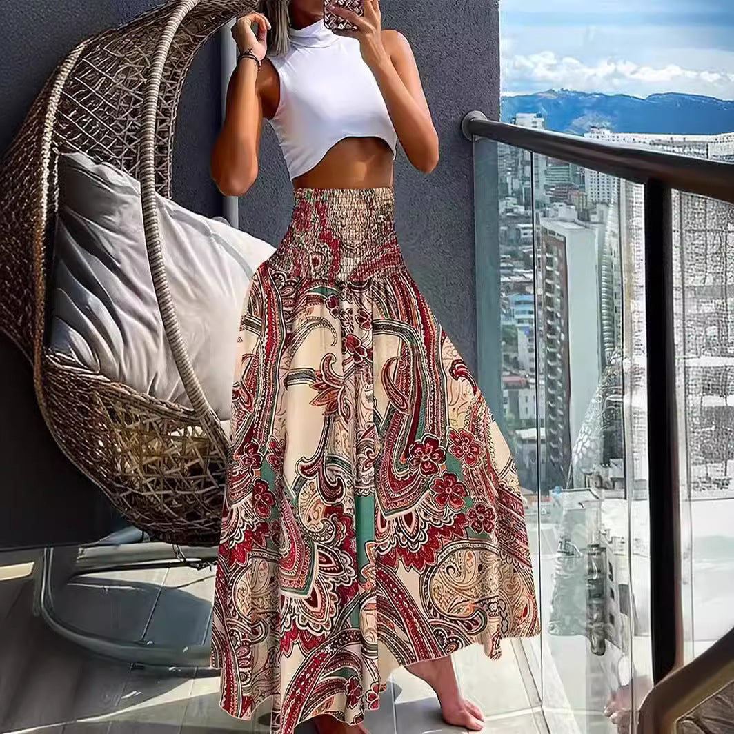 Kjol Dam Lång A-linjeformad Polyester med Elastisk Midja Retro Design 4