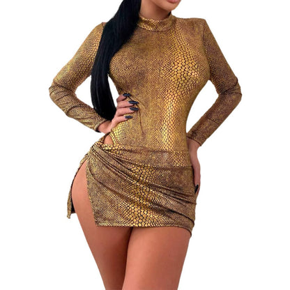 Kvinnors Miniklänning Hög Hals Lång Ärmar Ormläderutseende Elastiskt Tyg-5