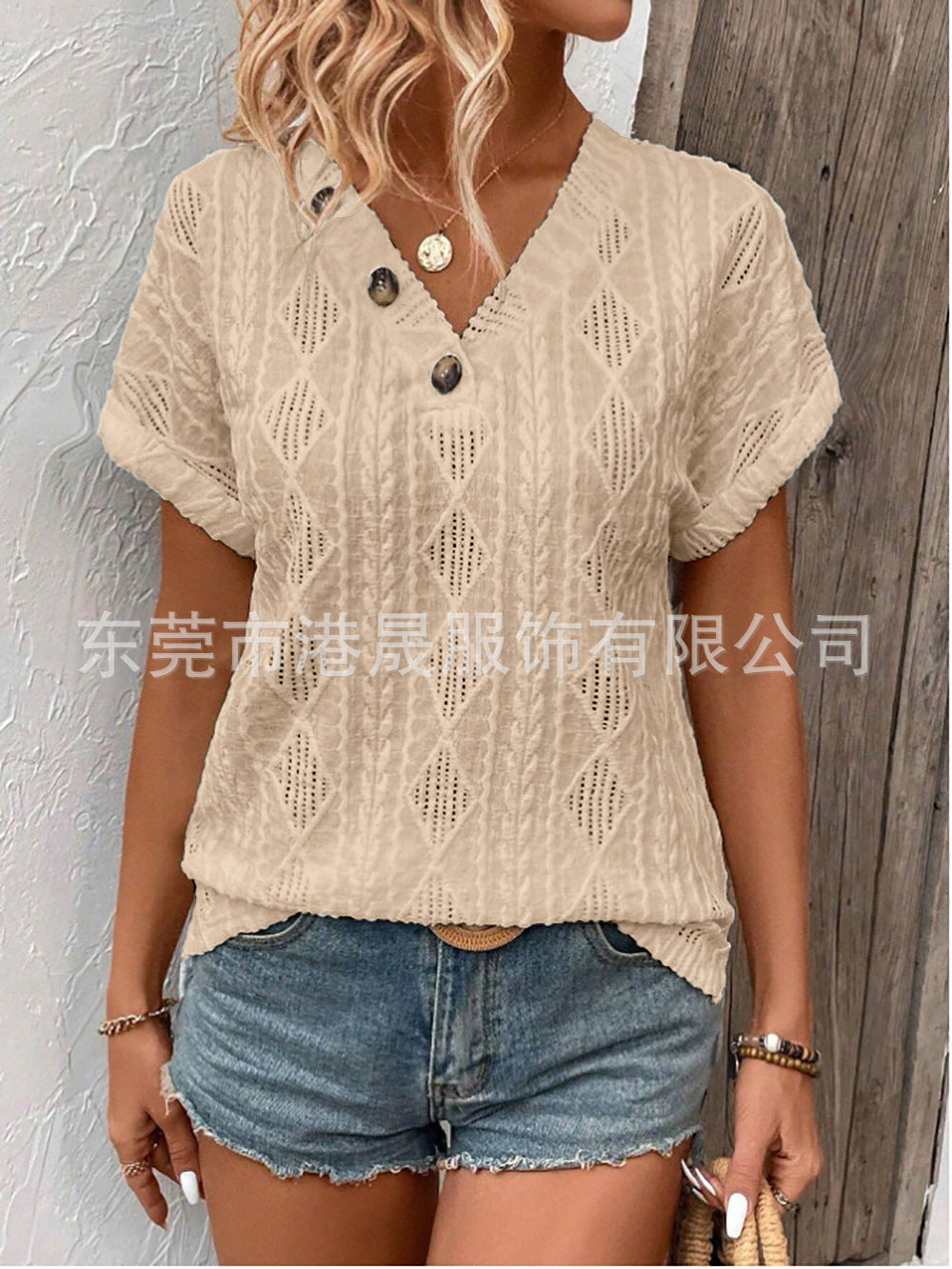 Variant image for Dam T-shirt V-ringning Korta Ärmar Spets Geometrisk Mönster-13