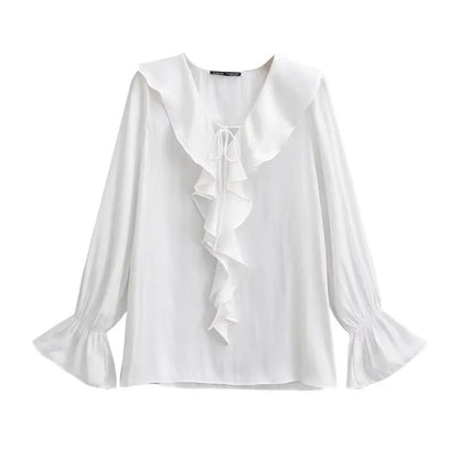 Dam Blus V-ringad med Volangdetaljer i Lätt Material 4