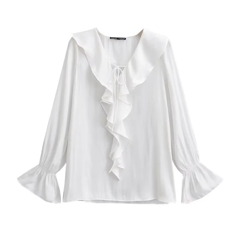 Dam Blus V-ringad med Volangdetaljer i Lätt Material 6