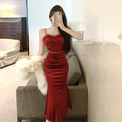 Kvinnors Lång Klänning Off-Shoulder Sammet-3