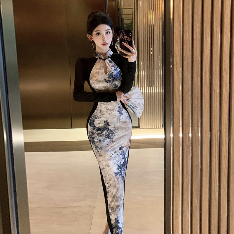 Bodycon Klänning för Kvinnor med Långa Ärmar och Ståkrage – Tryckt Mönster i Högkvalitativ Polyester 2