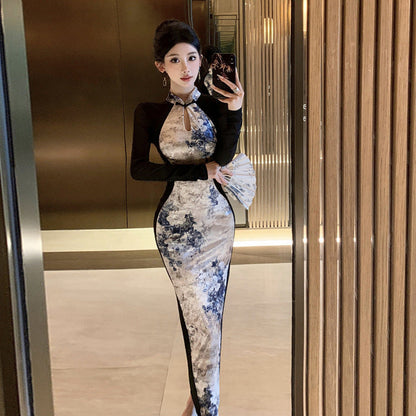 Bodycon Klänning för Kvinnor med Långa Ärmar och Ståkrage – Tryckt Mönster i Högkvalitativ Polyester 2