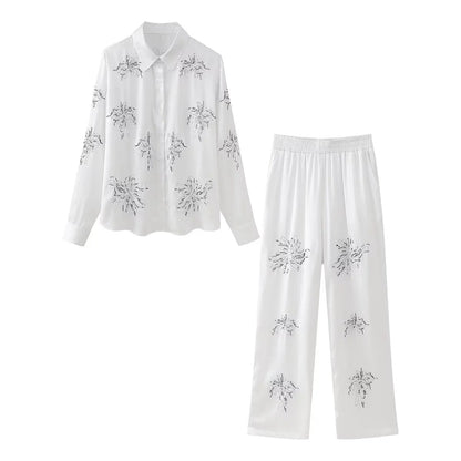 Dam Skjorta Långärmad Blommig med Paljetter Polyester-2