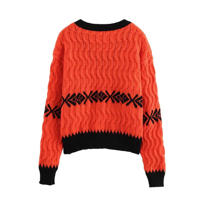 Stickad Dam Tröja med V-Ringning och Kontrasterande Mönster – Mjuk och Bekväm för Höst och Vinter 4