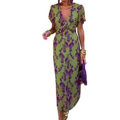 Maxiklänning Dam V-ringning Korta Ärmar Polyester Blommönstrad Lång Klänning-5