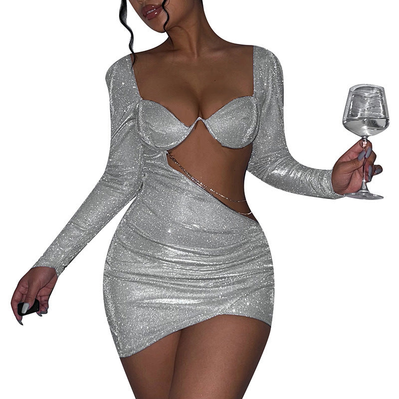 Festliches Kleid für Damen mit langen Ärmeln, Figurbetont, Glittrendes Material und Strategische Ausschnitte – Ideal für besondere Anlässe 6