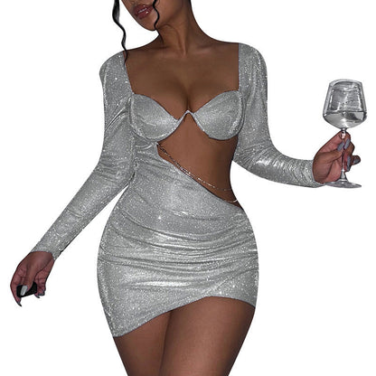 Festliches Kleid für Damen mit langen Ärmeln, Figurbetont, Glittrendes Material und Strategische Ausschnitte – Ideal für besondere Anlässe 6