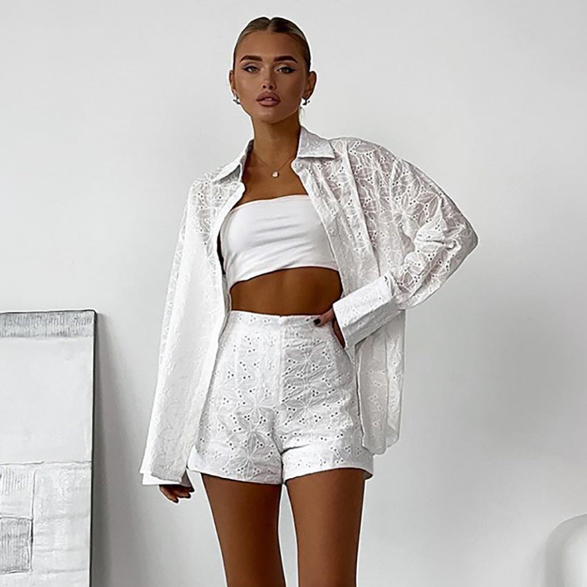Damkläder Shorts och Långärmad Skjorta i Bomull för Sommar-1