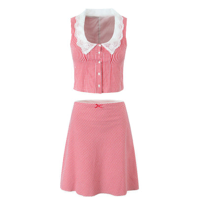 A-linje Topp med Knappar och Rutig Kjol för Dam - Ärmlös Sommarkläder i Polyester 2