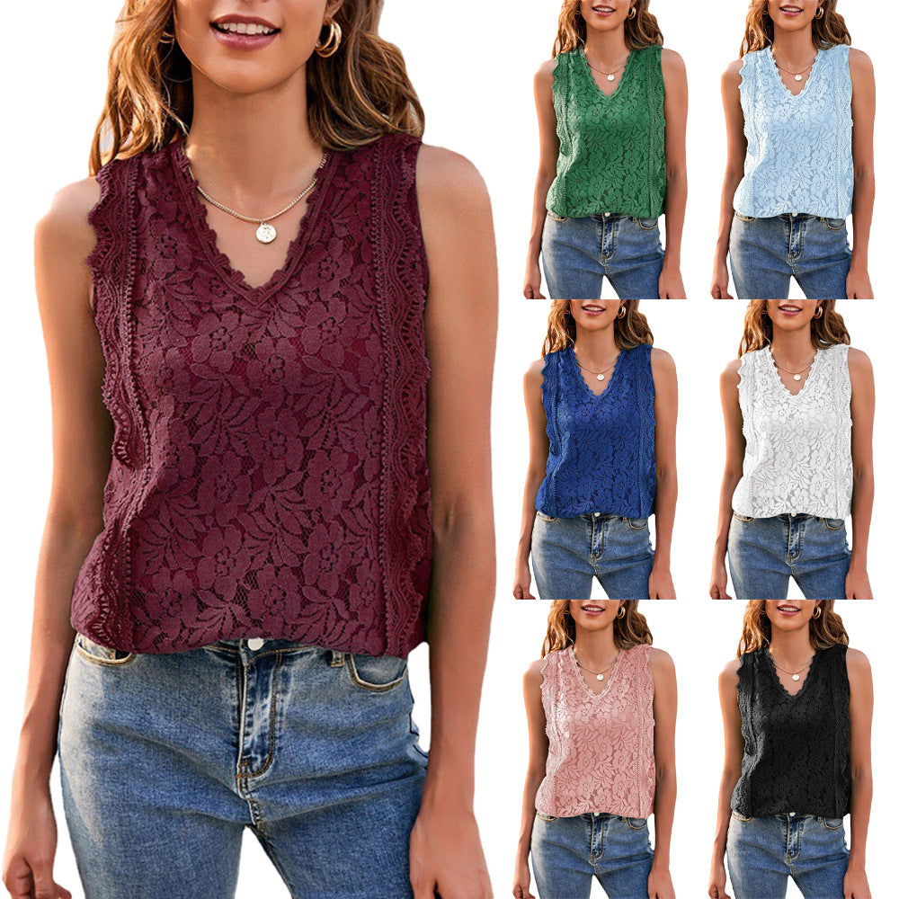 Dam Tank Top V-ringad Spets 100% Bomull-2