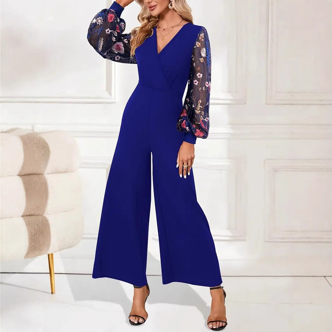 Kvinnor Jumpsuit Blommiga Ärmar V-Ringning Bredbenad Andningsbart Material-4