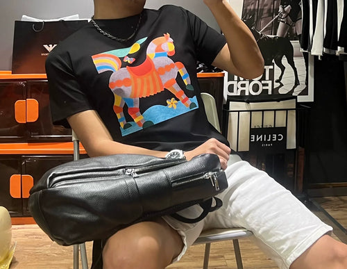 Herr T Shirt Rundhals Premium Långstaplad Bomull med Djurmönster-1