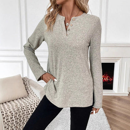Dam Långärmad T-shirt V-ringning Stickad Spandex-2