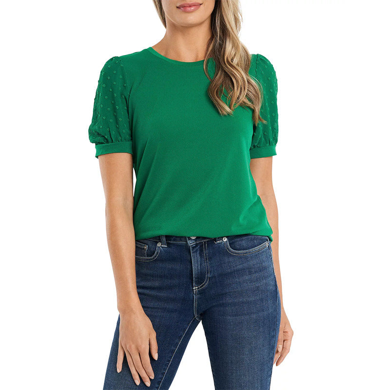 Dam T-Shirt Puffade Ärmar Polyester Rund Halsringning Kort Ärmar-4