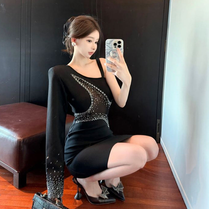 Kvinnors Bodycon Klänning En Axel Rippad Polyester-4