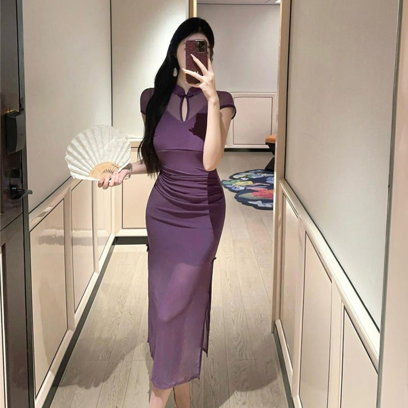 Variant image for Dam Qipao Klänning Lång Tyll Hög Slits Ärmlös Pendelstil-1