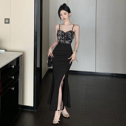 Kvinnor Lång Sjöjungfru Klänning V-hals Spaghetti Remmar Polyester Elastan-3