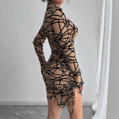 Kvinna Asymmetrisk Klänning Hög Midja Lång Ärmar Mjuk Tygblandning-3