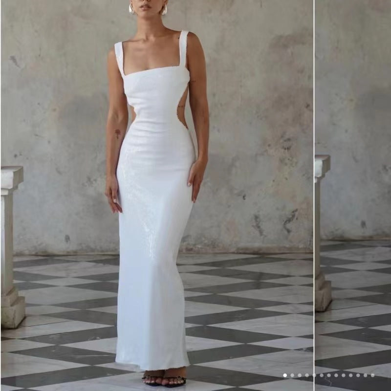 Variant image for Damklänning Axelfri Spaghetti Band Paljetter Lång Polyester Elegant Festklänning-7